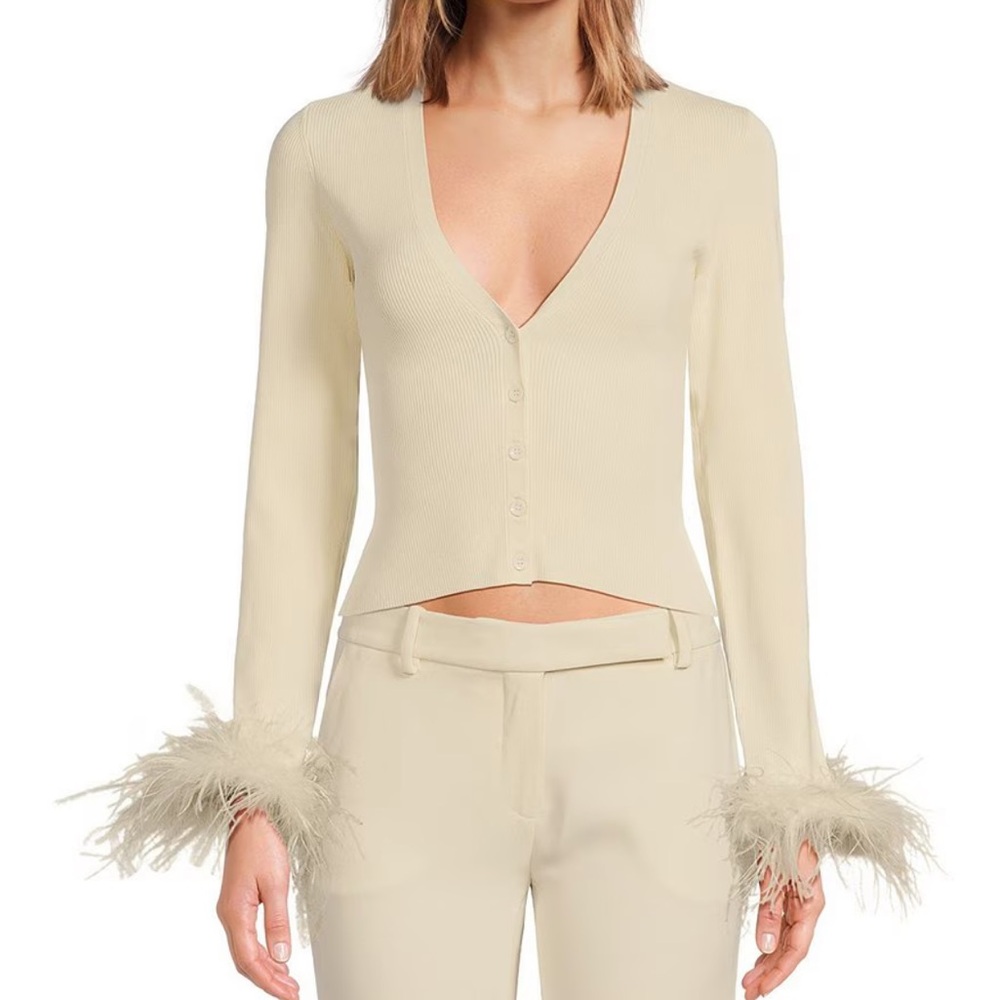 RONNY KOBO Aiden Rib Knit Plunge V-Neck Feather Trim Cuffs Cardigan NWT, Size XS